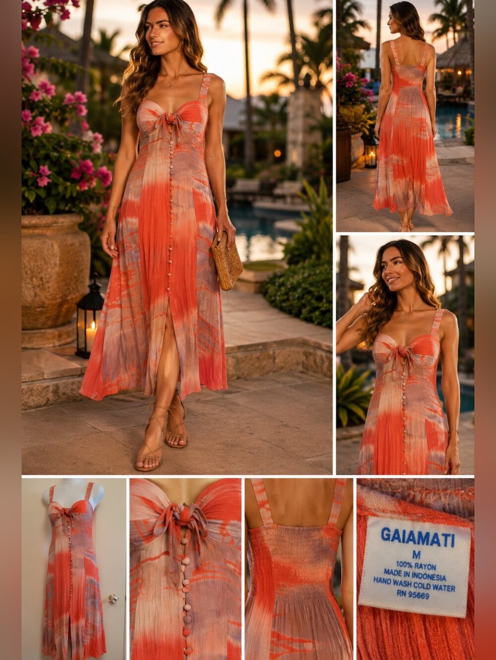 GAIAMATI Boho Resort Midi Dress Coral Peach Rayon Button Front Size M